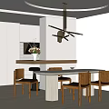 Modern Open Restaurant Interior With Wooden Dining Table Pendant Light And Floral Decor