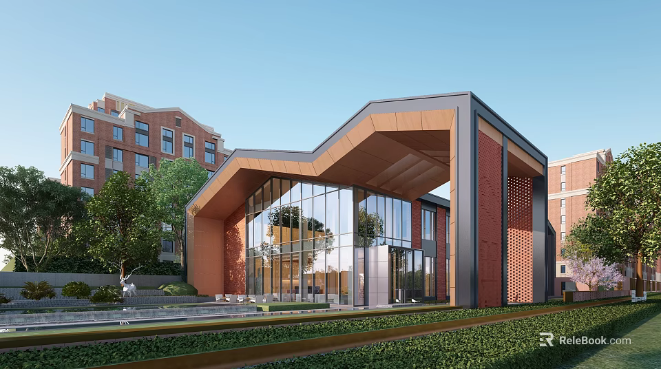 Modern Sales Office Building With Curved Roof Red Brick Exterior And Large Glass Windows 3d model 