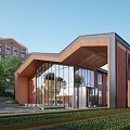 Modern Sales Office Building With Curved Roof Red Brick Exterior And Large Glass Windows