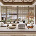 Traditional Japanese Tea Room Interior With Wooden Ceiling Bamboo Screens Tea Table And Garden View