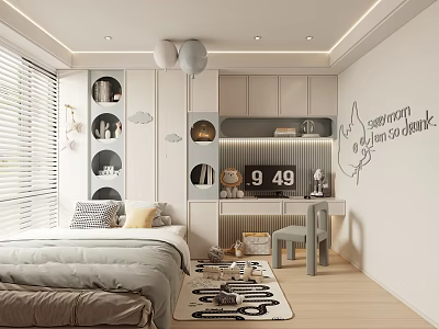 Modern Tatami Bedroom Interior Design With Bed Study Desk Storage Cabinets Decorative Wall And Rug 3d model