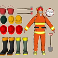 Essential Fire Fighting Equipment With Helmets Suit Boots Buckets And Axes