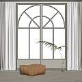 Gray Curtains With Arched Window In Cozy Indoor Room Featuring Brown Stool And Green Plant