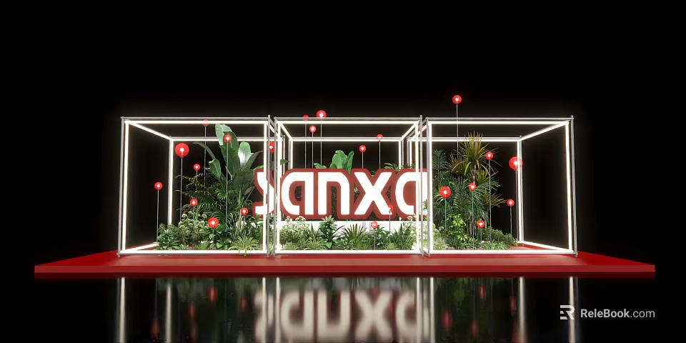 Floral Installation With Red Lights In White Frames On Reflective Surface 3d model