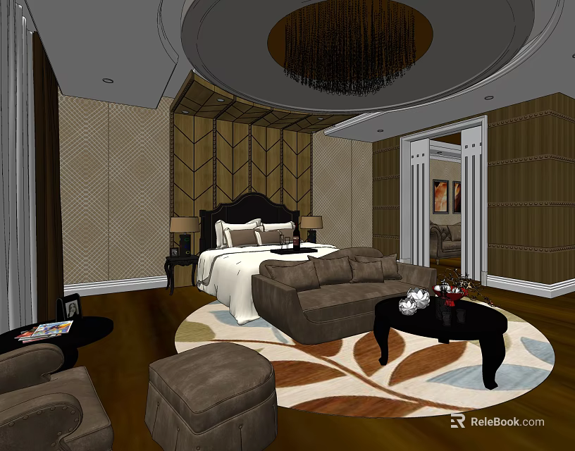 Elegant Hotel Room Interior With King Bed Brown Sofa Chandelier And Leaf Patterned Rug 3d model 
