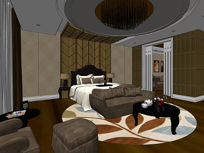 Elegant Hotel Room Interior With King Bed Brown Sofa Chandelier And Leaf Patterned Rug 3d model