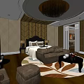 Elegant Hotel Room Interior With King Bed Brown Sofa Chandelier And Leaf Patterned Rug