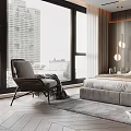Modern Bedroom Interior With Large Window City View Wooden Wall Paneling Gray Bed And Armchair