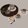 Elegant Tableware Set With Brown Tray White Cups Saucers Spoons Latte Art And Green Decor