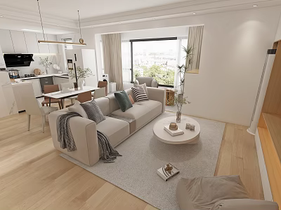 Modern Living And Dining Room Interior With Beige Sofa Dining Table And Large Window 3d model