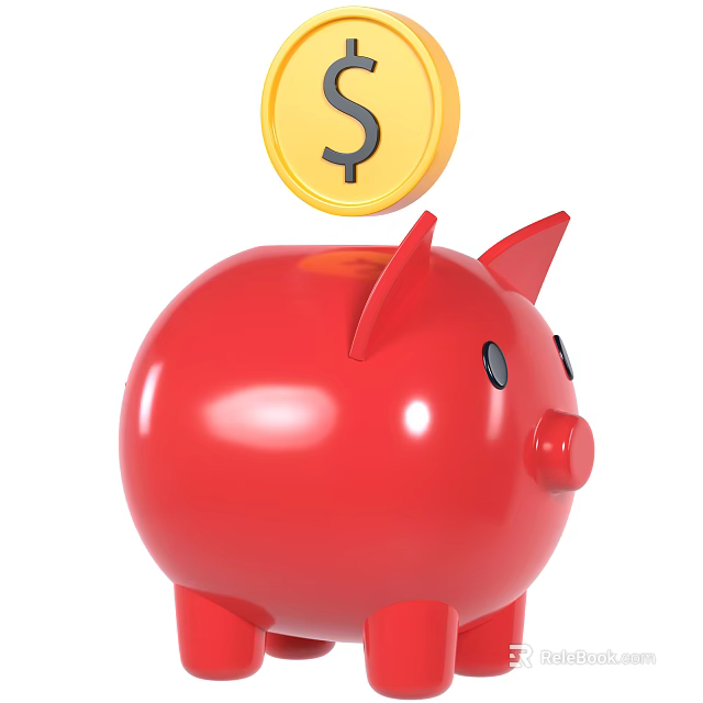Decorative Ornament Set With Red Piggy Bank And Dollar Sign Coin Being Inserted 3d model 