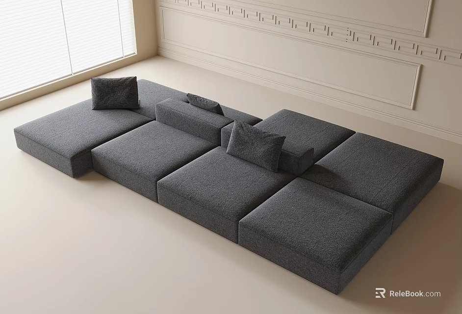 Gray Sectional Sofa with Multiple Cushions in Bright Room with Window and Decorative Wall 3d model