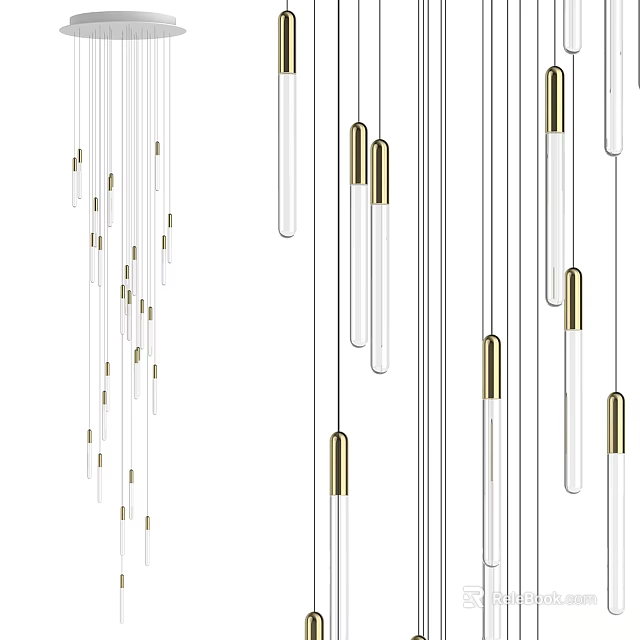 Modern Contemporary Chandelier With Long Transparent Tubes And Golden Top Accents For Interior Decoration 3d model 