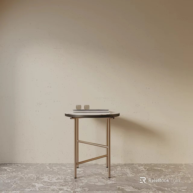 Minimalist Bedside Table With Metal Frame Round Top And Book Decorative Items On Beige Wall 3d model 