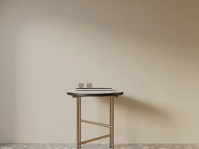 Minimalist Bedside Table With Metal Frame Round Top And Book Decorative Items On Beige Wall 3d model