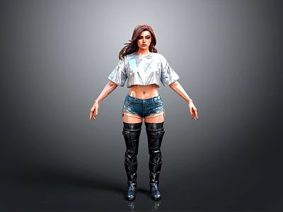 A Woman Wearing White Cropped Top Denim Shorts And Black Thigh High Boots 3d model