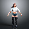 A Woman Wearing White Cropped Top Denim Shorts And Black Thigh High Boots