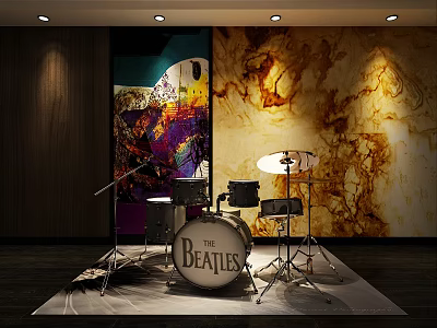Drum Set And Art Supplies Display With The Beatles Artwork And Musical Instruments 3d model