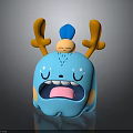 Cute Blue Cartoon Character Creature With Orange Horns Blue Top Yawning Expression Blush Cheeks