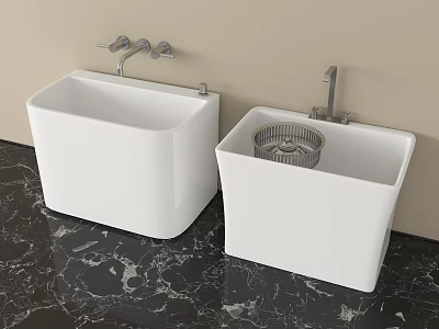 White Square Bathroom Washbasins With Faucets On Black Marble Countertop Against Light Colored Wall 3d model
