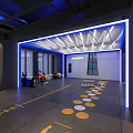 Modern Fitness Gym Interior With Blue Lighting White Ceiling Yellow Floor Lines And Equipment