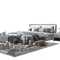 Modern Double Bed With Cozy Pillows Blanket Stuffed Toys And Nightstand On Rug