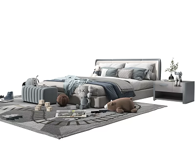 Modern Double Bed With Cozy Pillows Blanket Stuffed Toys And Nightstand On Rug 3d model