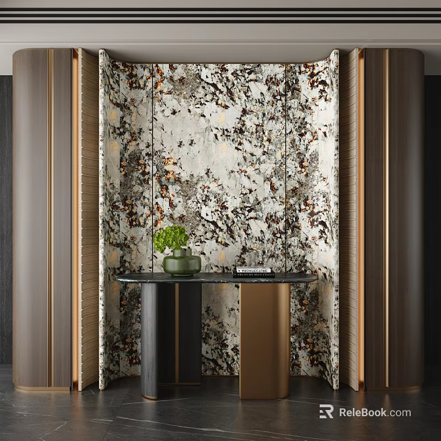 Elegant Modern Entryway Hallway Interior With Marble Patterned Wall And Black Console Table 3d model 
