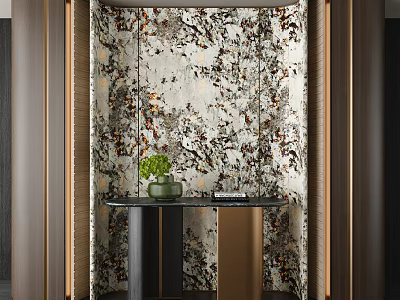 Elegant Modern Entryway Hallway Interior With Marble Patterned Wall And Black Console Table 3d model