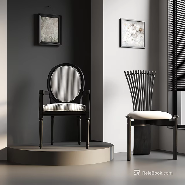 Modern Interior With Two Stylish Chairs Featuring Unique Backrest And Cushion Design 3d model