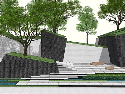 Outdoor Stairs In Modern Landscape Design With Green Trees And Stone Paved Ground 3d model