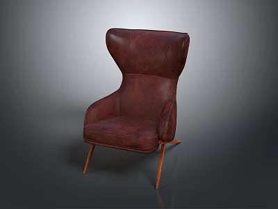 Deep Red Leather Single Sofa with Stylish Backrest and Wooden Legs 3d model