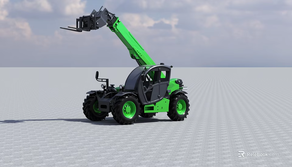 Green Telescopic Boom Utility Vehicle With Fork Attachment And Off Road Tires 3d model 