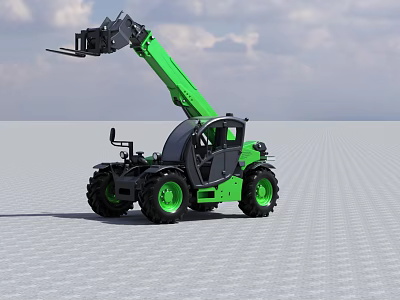 Green Telescopic Boom Utility Vehicle With Fork Attachment And Off Road Tires 3d model