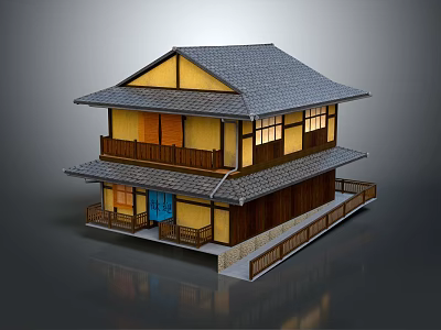Traditional Japanese Two Story Building With Gray Tiled Roof Yellow Walls And Wooden Balconies 3d model