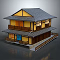 Traditional Japanese Two Story Building With Gray Tiled Roof Yellow Walls And Wooden Balconies