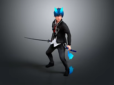 Anime Character With Blue Hair Cat Ears Black Coat And Sword Holding Blue Flames 3d model