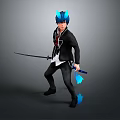 Anime Character With Blue Hair Cat Ears Black Coat And Sword Holding Blue Flames