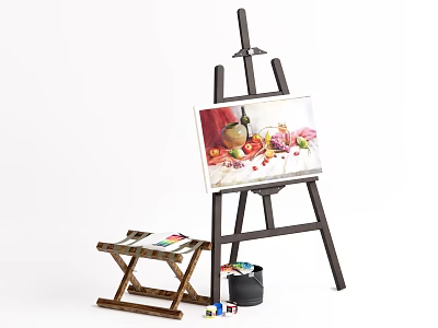 Instruments and Art Supplies Setup with Easel Painting Fruits Bottles Stool and Paint Bucket 3d model