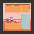 Cartoon Kitchen Interior With Pink Walls Orange Cabinets Blue Oven And Light Blue Refrigerator