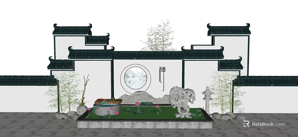Traditional Chinese Architectural Exterior Wall With Black Roof Circular Window Stone Lion Bamboo And Lotus Pond 3d model 