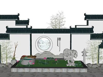 Traditional Chinese Architectural Exterior Wall With Black Roof Circular Window Stone Lion Bamboo And Lotus Pond 3d model