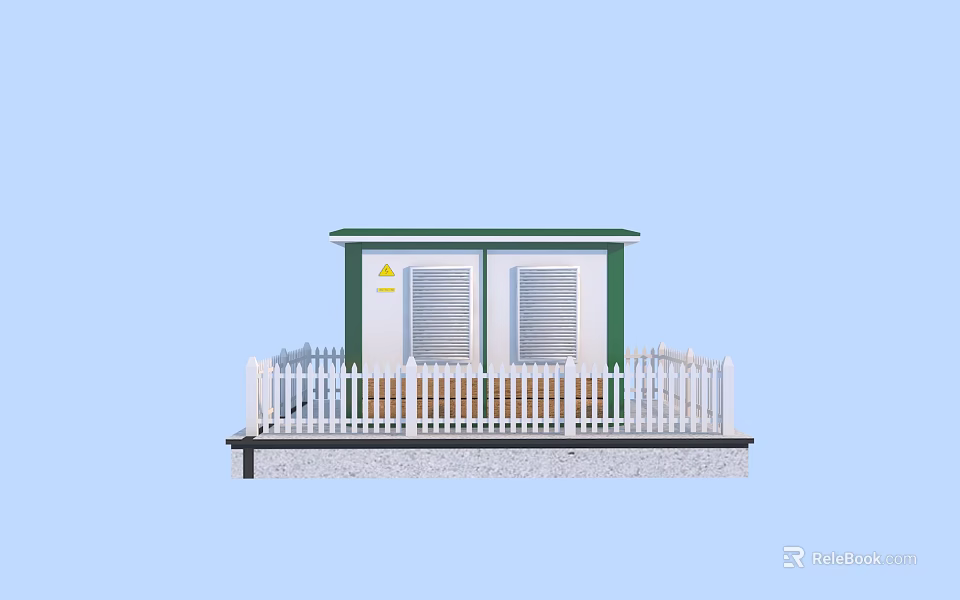 Green And White Small Cabin With White Picket Fence And Yellow Sign 3d model 