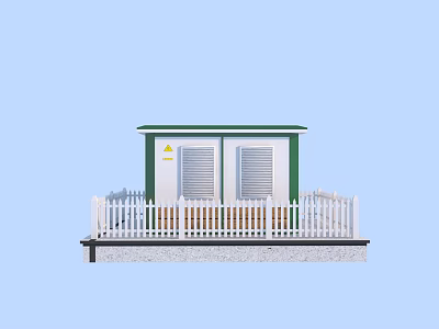 Green And White Small Cabin With White Picket Fence And Yellow Sign 3d model