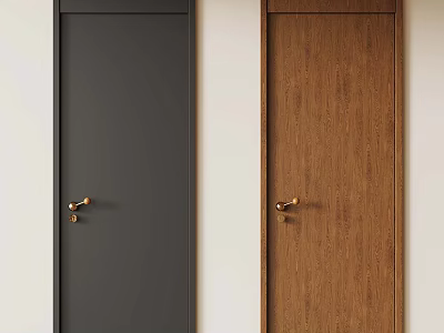 Dark Gray And Wooden Texture Brown Doors With Golden Handles In Modern Interior 3d model
