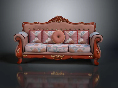 Classical Carved Sofa With Red Wooden Frame And Pink Decorative Cushions 3d model
