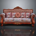 Classical Carved Sofa With Red Wooden Frame And Pink Decorative Cushions