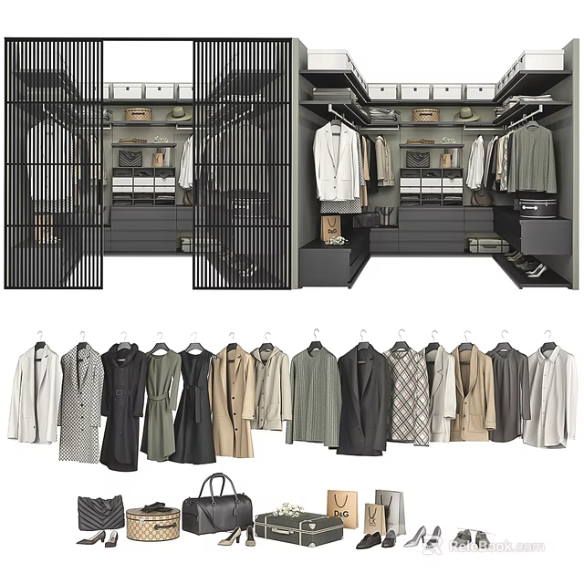 Modern Wardrobe Design With Open Shelves Hanging Clothes Storage Drawers And Accessories 3d model 