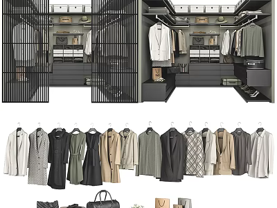 Modern Wardrobe Design With Open Shelves Hanging Clothes Storage Drawers And Accessories 3d model
