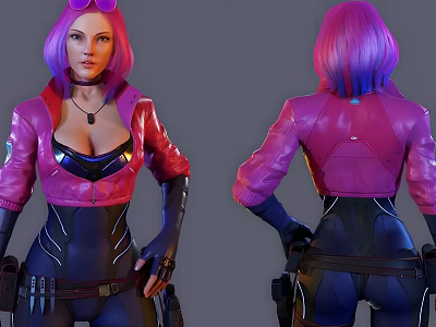Stylish Game Character With Purple Hair Pink Leather Jacket Black Bodysuit Gloves And Utility Belt 3d model